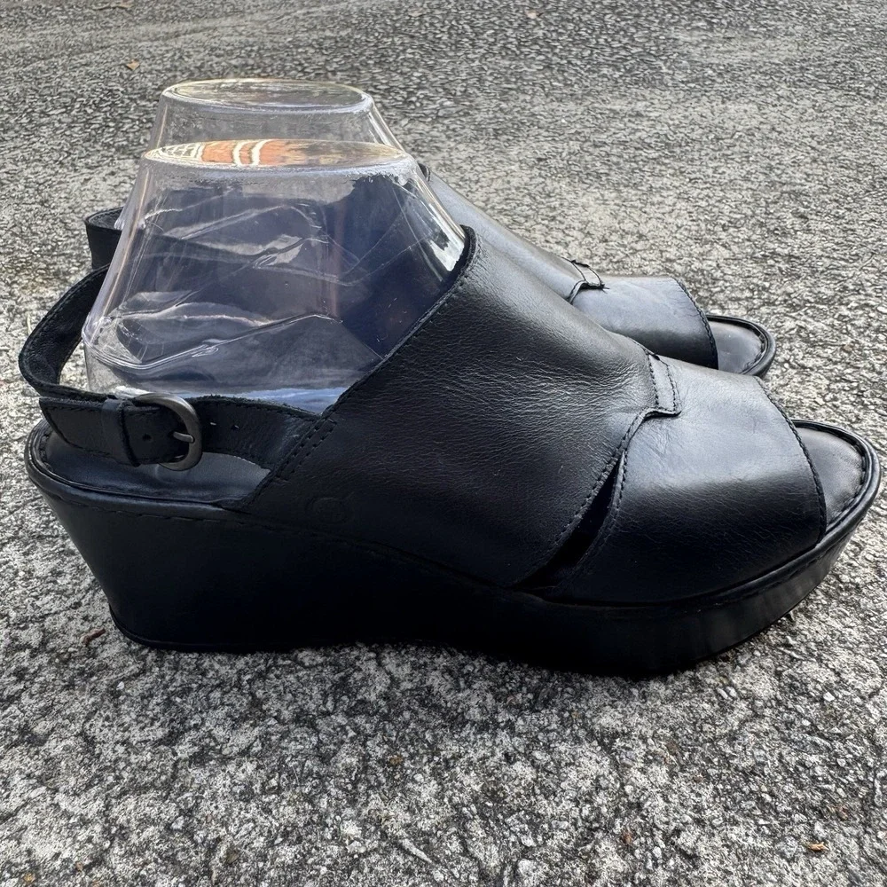 BORN Emmy Platform 4" Wedge‎ Cross Strap Women's Sz 11 M Black Leather Sandals - Picture 3 of 12